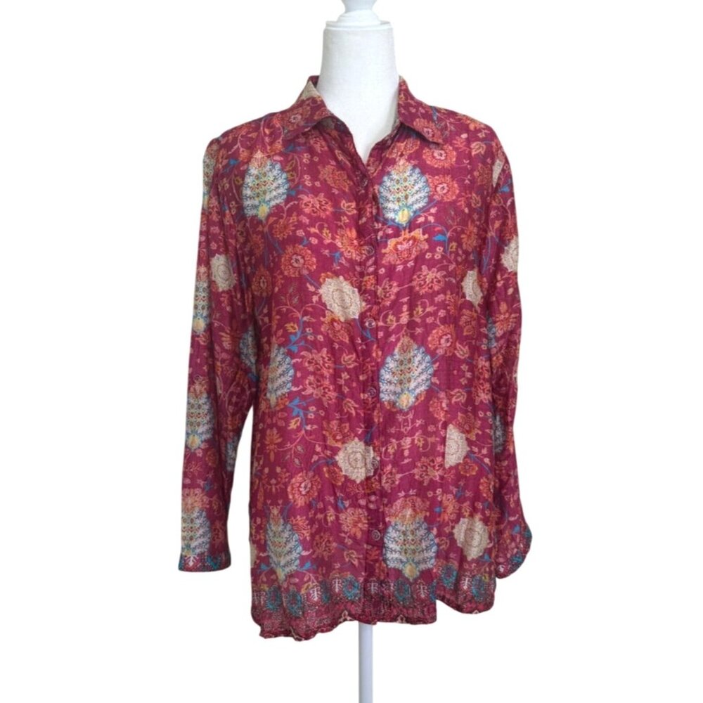Cienna Womens Size M Top Button-Up Silk Long Sleeve Red Floral Boho